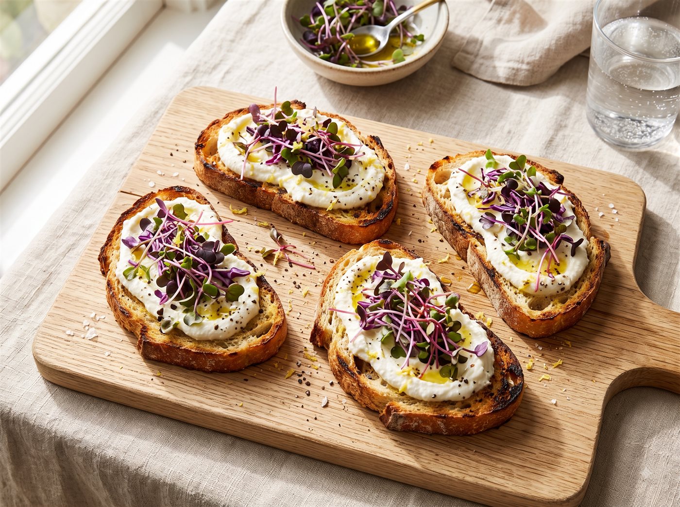 Bruschetta de ricota com repolho roxo e amaranto