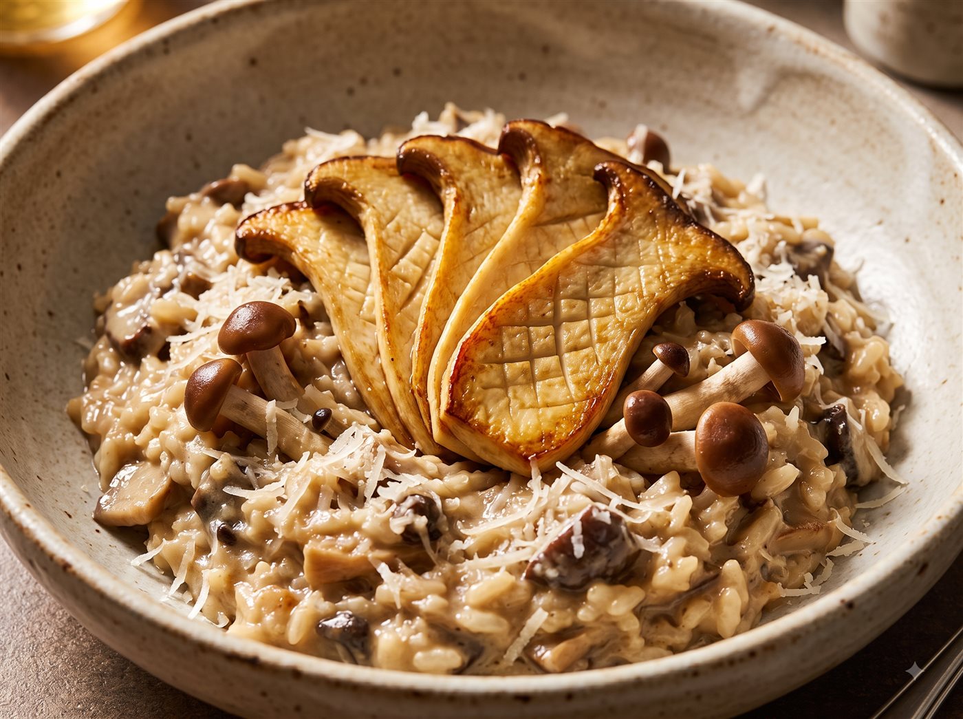 Risoto de cogumelos ostra rei e pioppino